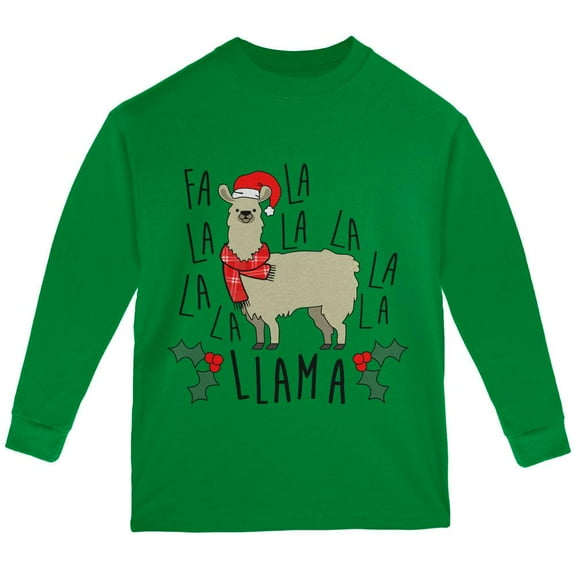 Christmas Fa La Llama Youth Long Sleeve T Shirt Green YXL