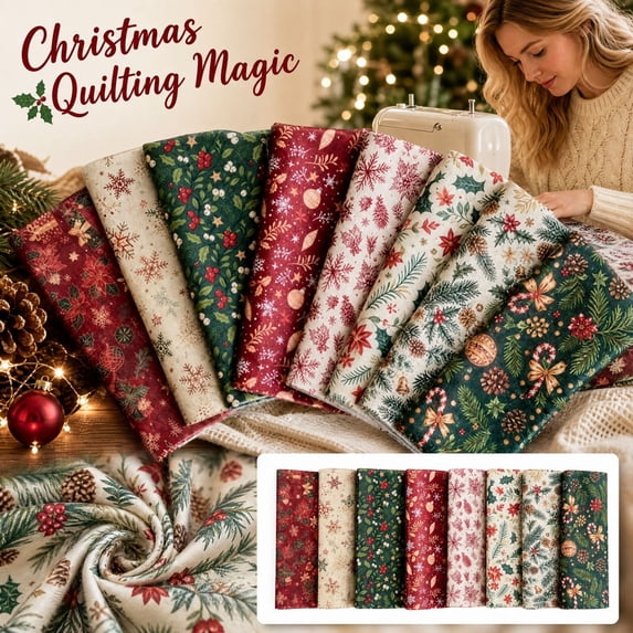 Christmas Fabric 8-Piece Set with Festive Holiday Prints, 16X20 Inch Precut Squares, Red and Green Cotton Material, for Quilting and Sewing Projects, Quilting Squares