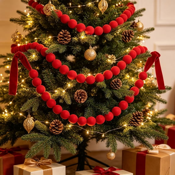 Christmas Fabric Ball Garland, 68.9-Inch Hanging Decoration for Tree and Photo Backdrop, Red, for Trees and Walls