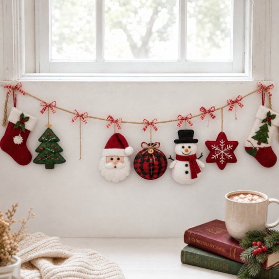 Christmas Fabric Garland, Christmas Decor, Winter Cedar | Red Green Checkered Rustic, Wreath Banner Tree Swag, Snowflake Star Ornament, Fireplace Mantel Porch and Gift