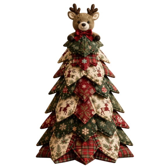 Christmas Fabric Patchwork DIY Kit Holiday Tree Shaped Sewing Craft Set with Layered Printed Pieces and Reindeer Top for Holiday Decor & Gift Kit(Deer)