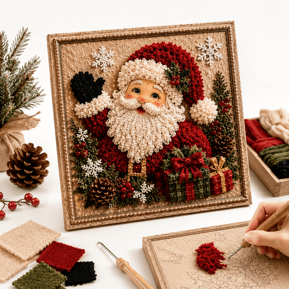 Christmas Fabric Poke Art Kit, 3D Fabric Poke Art Kit No Sew DIY Craft with Pre-Cut Fabric Squares, Poking Tool and Display Stand, Christmas Decoration for Adults, 7.87 x 7.87 In