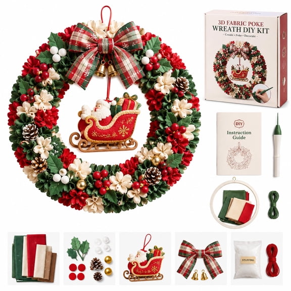 Christmas Fabric Poke Wreath DIY Kit 12 Inch - Handmade Holiday Craft Set with Ornaments, Poke Tool & Instructions for Wall Door Decor