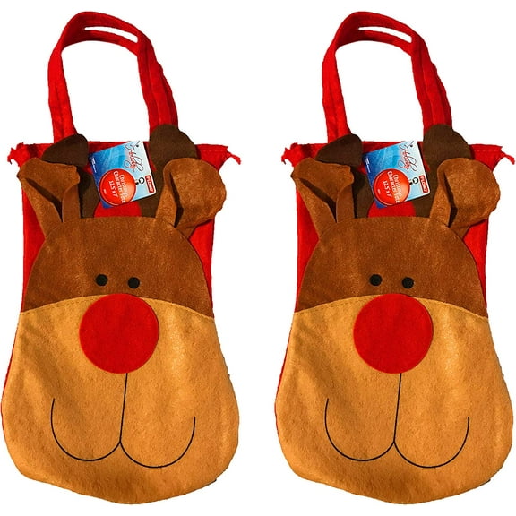 Christmas Fabric Reindeer Character Drawstring Totes (2 Pack)