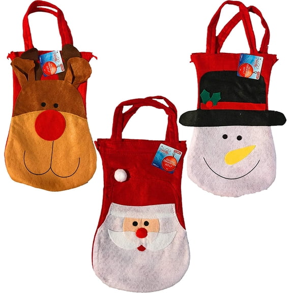 Christmas Fabric Santa, Snowman, Reindeer Character Drawstring Totes (Set of 3)