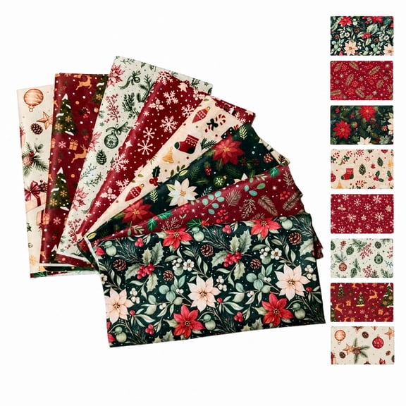 Christmas Fabric Squares with 10X10 Inch Precut Cotton, 8-Pack, Festive Holiday Floral and Plaid Prints, for Diy Sewing and Patchwork Projects