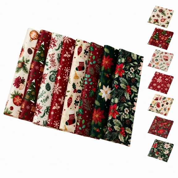 Christmas Fabric Squares with Festive Holiday Prints, 8-Pack 8X10 Inches, 100% Cotton, for Diy Quilting and Sewing Projects, Precut Fabric Squares