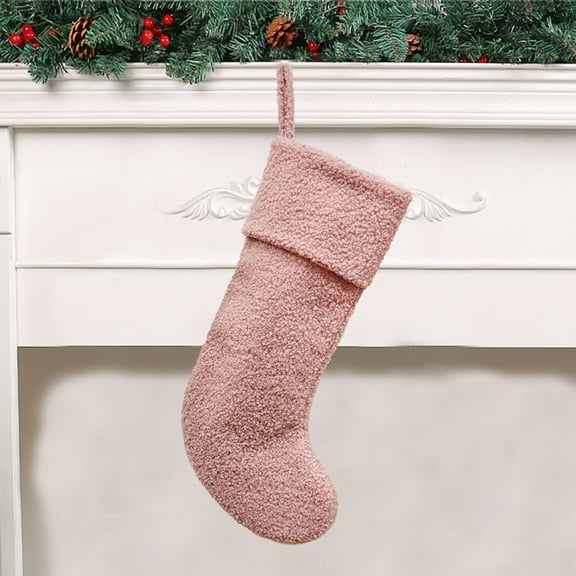 Christmas Fabric Stockings Neutral Plush Faux Fur Christmas Fireplace Hanging Stocking Decoration Large Brown Farmhouse Rustic Xmas Home Decor Holiday Party Winter Gift (Pink)