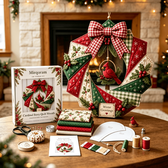 Christmas Fabric Wreath DIY Kit, DIY Patchwork Kit, Beginner-Friendly | Handmade Holiday Craft Decoration Set for Front Door, Wall Decor, Ideal Gift for Sewing Lovers Cardinal