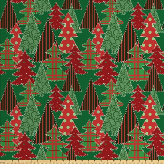 Ambesonne Christmas Fabric by the Yard Upholstery, Tree Pines Swirl Dot, 10 Yards, Dark Coral Dark Green