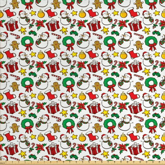 Ambesonne Christmas Fabric by the Yard Upholstery, Poinsettia Flower, 10 Yards, Multicolor