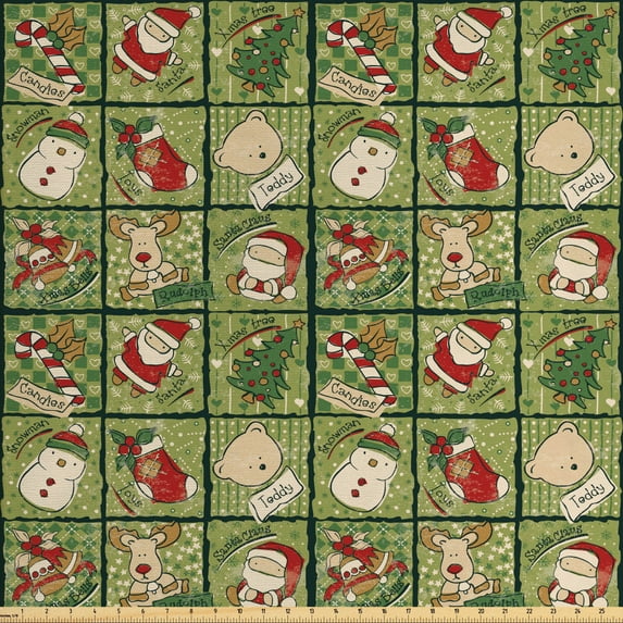 Ambesonne Christmas Fabric by the Yard Upholstery, Teddy Bears Santa, 3 Yards, Olive Green White