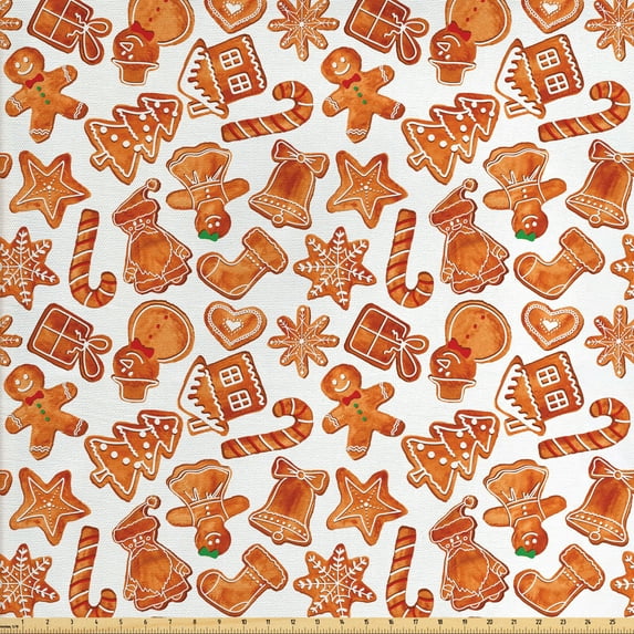 Ambesonne Christmas Fabric by the Yard Upholstery, Gingerbread Cookie, 3 Yards, Pale Brown and White