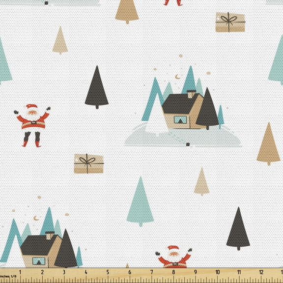 Ambesonne Christmas Fabric by the Yard Upholstery, Noel Pine Trees Houses, 5 Yards, Multicolor