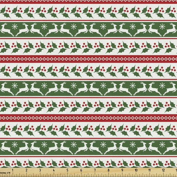 Ambesonne Christmas Fabric by the Yard Upholstery, Reindeers Borders, 1 Yard, Dark Green Burgundy