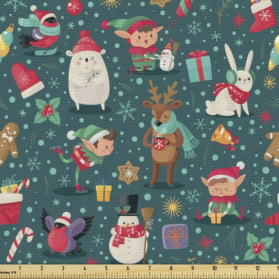 Ambesonne Christmas Fabric by the Yard Upholstery, Merry Winter Composition, 3 Yards, Dark Teal Multicolor