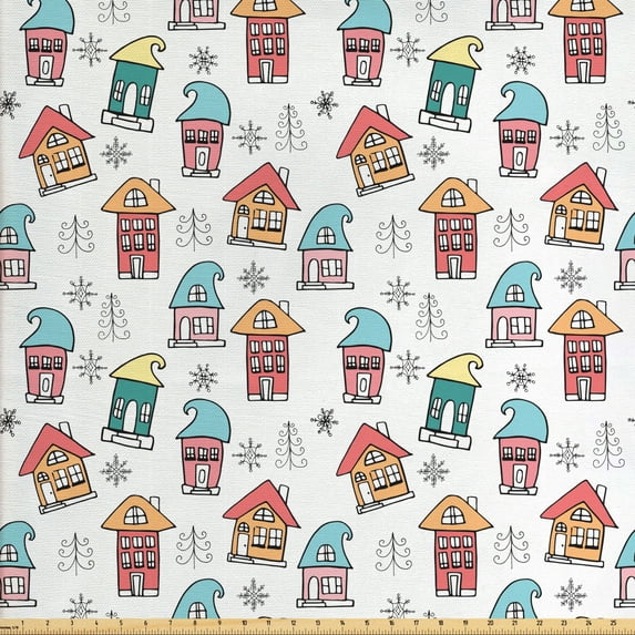 Ambesonne Christmas Fabric by the Yard Upholstery, Noel Theme House, 2 Yards, Multicolor