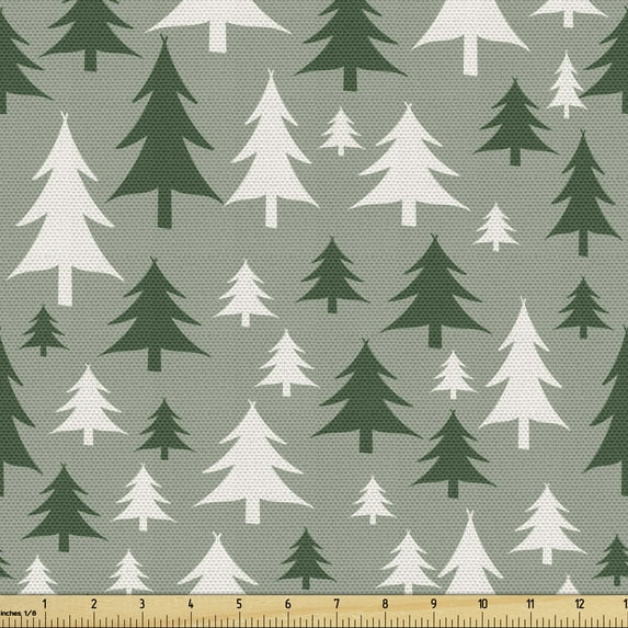 Ambesonne Christmas Fabric by the Yard Upholstery, Repetitive Pine Trees, 1 Yard, Reseda Green Green