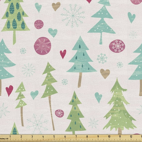 Christmas Fabric by the Yard, Christmas Theme Pine Trees Heart Motifs Snowflakes Illustration, Upholstery Fabric for Dining Chairs Home Decor Accents, Pearl and Multicolor by Ambesonne