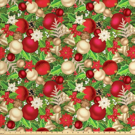 Ambesonne Christmas Fabric by the Yard Upholstery, Tree Branches Bells, 2 Yards, Multicolor