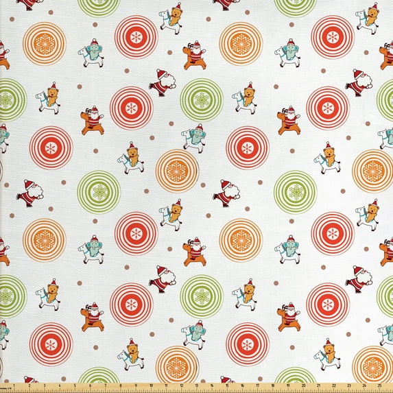 Christmas Fabric by the Yard Upholstery, Colorful Reindeer Riding Santa Bears with Snowflake Motifs in Bullseye Circles, Decorative Fabric for DIY and Home Accents, Multicolor by Ambesonne