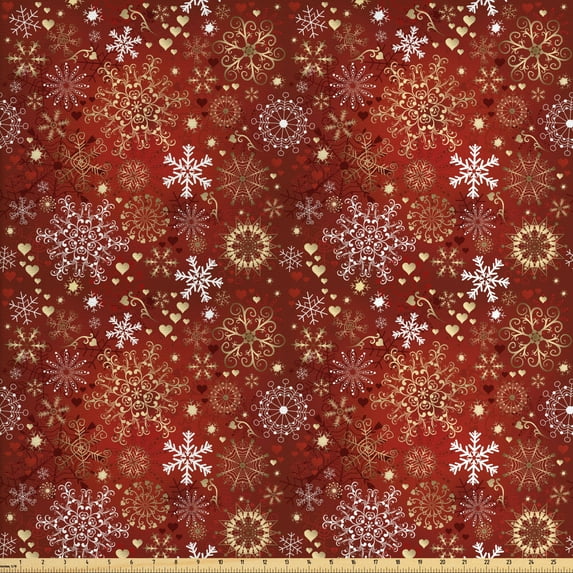 Ambesonne Christmas Fabric by the Yard Upholstery, Snowflakes, 10 Yards, Red Yellow and White