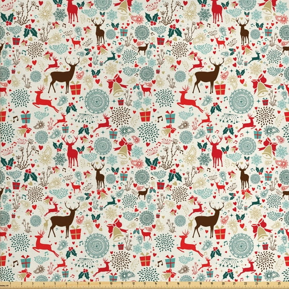 Ambesonne Christmas Fabric by the Yard Upholstery, Vintage Xmas, 3 Yards, Petrol Blue Brown
