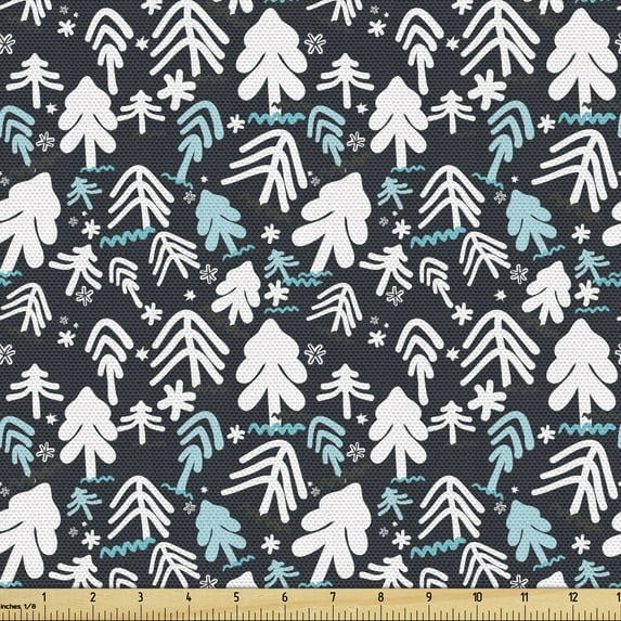 Christmas Fabric by the Yard, Winter Doodle Happy New Year Themed Abstract Trees with Snowflakes, Decorative Upholstery Fabric for Sofas and Home Accents, Pale Blue Dark Blue by Ambesonne