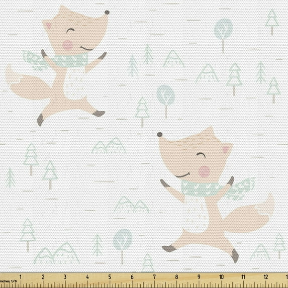 Ambesonne Christmas Fabric by the Yard Upholstery, Happy Foxes Wearing Scarf, 2 Yards, White Champagne and Pale Blue