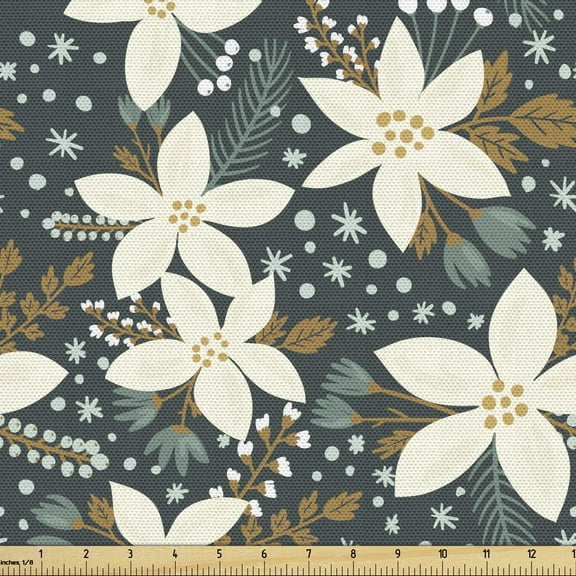 Ambesonne Christmas Fabric by the Yard Upholstery, Poinsettia Flowers Winter, 10 Yards, Multicolor