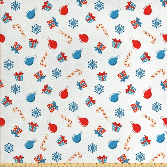 Ambesonne Christmas Fabric by the Yard Upholstery, Xmas Cones Ornaments, 5 Yards, Red White and Pale Blue