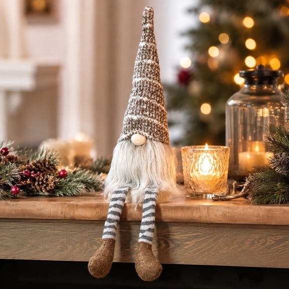 Christmas Faceless Doll, Standing Gnome Plush with Long Legs & Knit Hat, Holiday Tabletop Decoration for Home Desk Shelf Mantel Window Display Prop