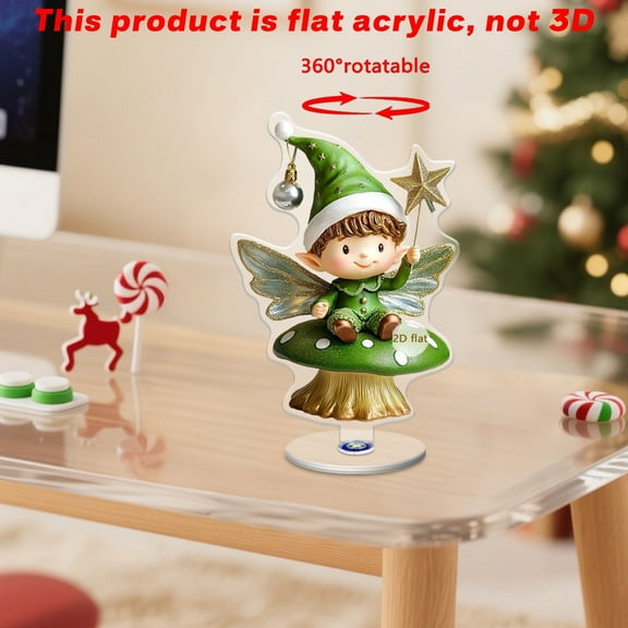 Taicans Christmas Fairy Elf Figurine with Mushroom Base & Star Wand,360 Rotating Acrylic 2D Pattern Ornament,Shatterproof,Holiday Decor,Collectible Ornament,Gift for Kids & Adults