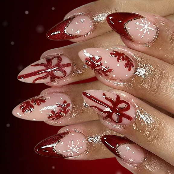 Christmas Fake Pack Of 24 Red French Tips Sparkling Snowflake Art Quick Apply Nails Set For Party Makeovers