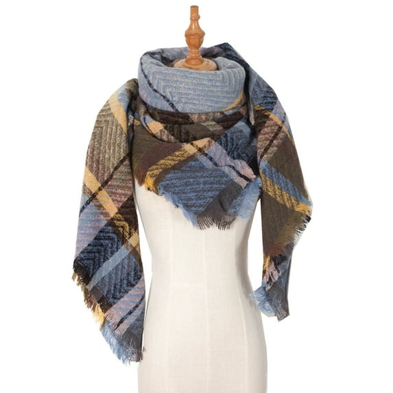Christmas Fall Long Sleeve Plaid Scarfs for Women Blue Winter Scarf Classic Tassel Warm Soft Chunky Large Blanket Wrap Shawl Scarves
