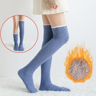 Christmas Fall Long Sleeve Thermal Fuzzy Stocking Stuffers for Women Blue Women's Solid Socks Winter Warm Over Knee High Home Thigh-High Leggings