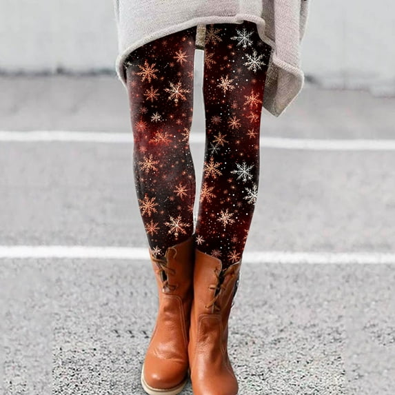 Christmas Fall Polyester Ankle-Length Spandex Leggings for Women Orange Snowflake Women's Day Autumn And Winter Artistic Splash Printed Soft Stretchy Pants 3XL