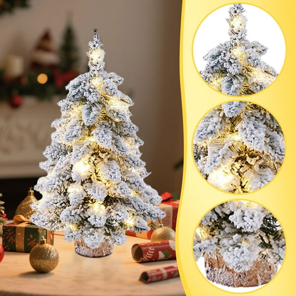 Christmas Falling Snow Flocked Mini Christmas Tree Small Tree Decoration Desktop Ornaments 17.7 Inches with LED String Lights No battery