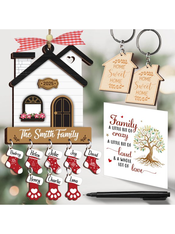 Christmas Family House Ornament Set, Personalized Wooden Hanging Decoration with 7 Stockings for Pets and Family, Includes Home Sweet Home Keychains, Pen, Card and Gift Box for Holiday Keepsake