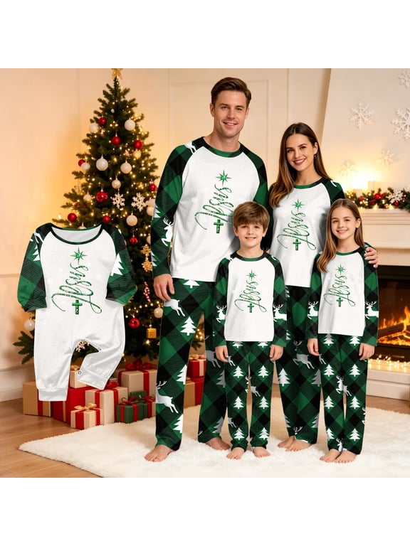 Christmas Family Matching Pajamas Holiday Sleepwear Sets, Long‑Sleeve Top & Pants for Mom Dad Kids, Baby Onesie, Green Buffalo Plaid Jesus X‑Mas Tree Print