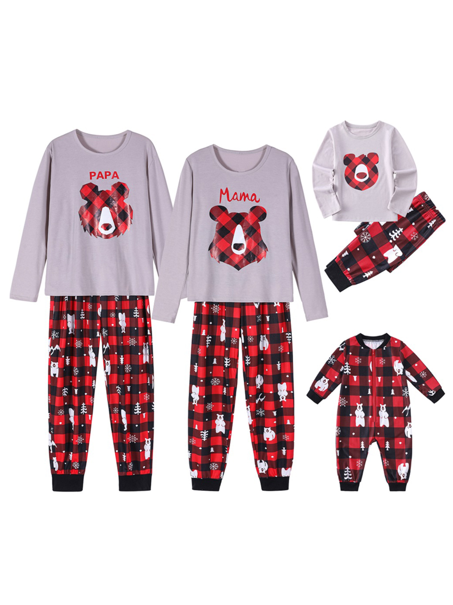 Christmas Family Matching Pajamas Set Cute Polar Bear Print Top Plaid