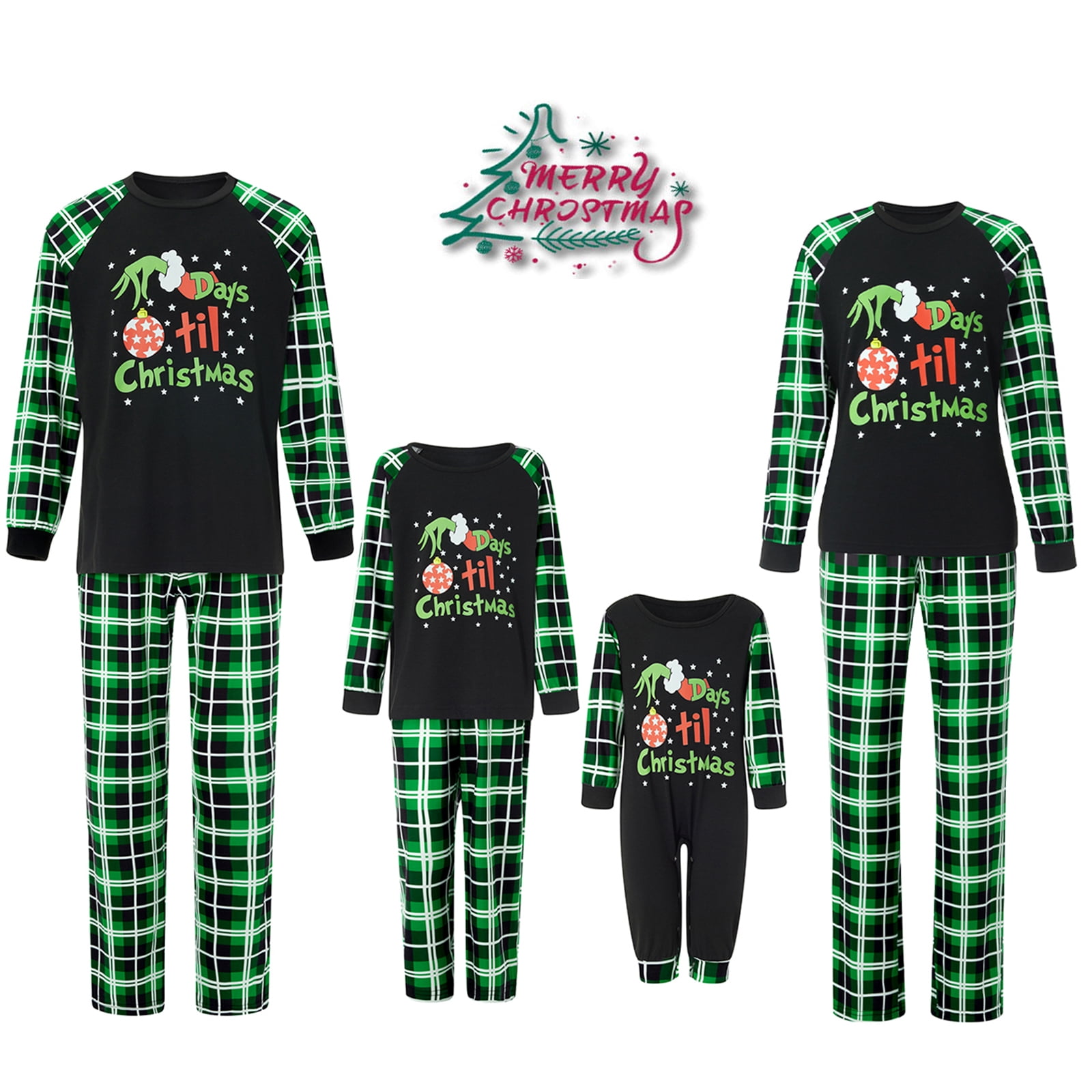 Christmas Family Matching Pajamas Set Elf Hand Letters Print Tops+Plaid