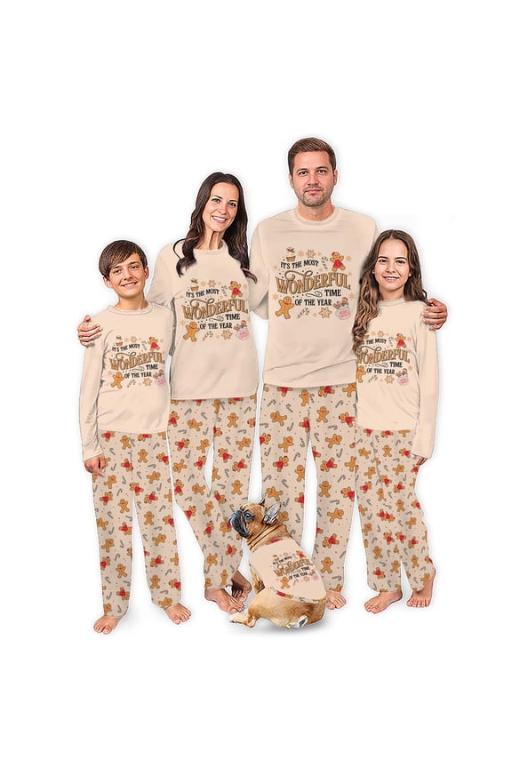 Christmas Family Matching Pajamas Set, Gingerbread Design with Dog Outfit, Size NB - Men 6XL And Pets