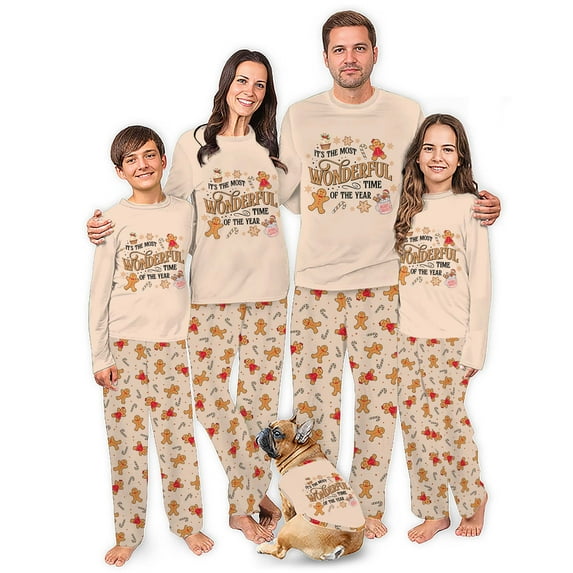 Christmas Family Matching Pajamas Set, Gingerbread Design with Dog Outfit, Size NB - Men 6XL And Pets