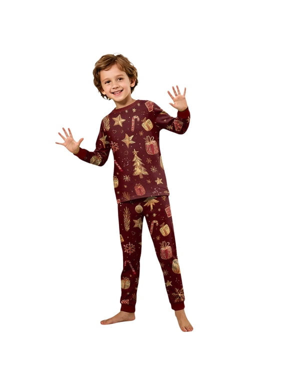 Christmas Family Matching Pajamas Set Gold Star Tree Print Long Sleeve Shirt for Fun Family Game Night