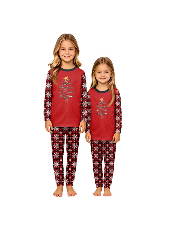 Christmas Family Matching Pajamas Set Joy Tree Plaid Long Sleeve Shirt for Winter Relaxing Sunday Afternoon