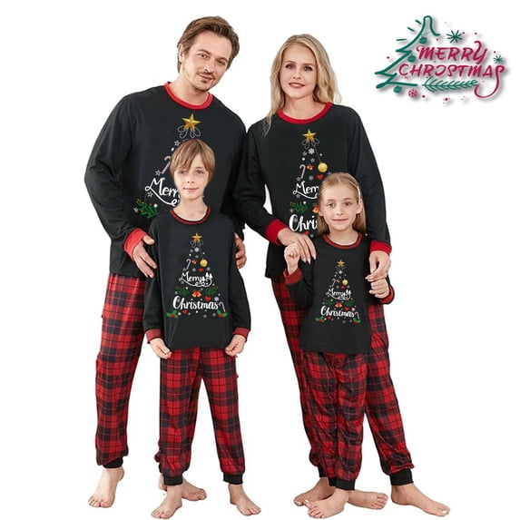 Christmas Family Matching Pajamas Set Letter Xmas Tree Print Tops+Plaid Pants Holiday Pjs Sleepwear Loungwear Outfit