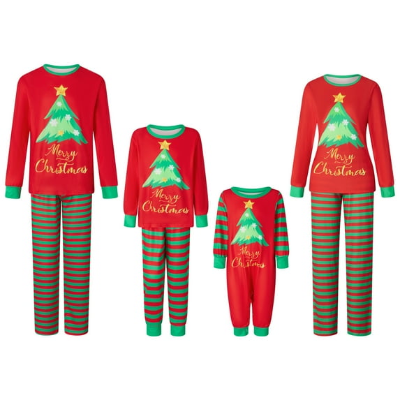 Christmas Family Pajamas Matching Set, Long Sleeve Tree Print T-shirt with Striped Pants Sleepwear Loungewear