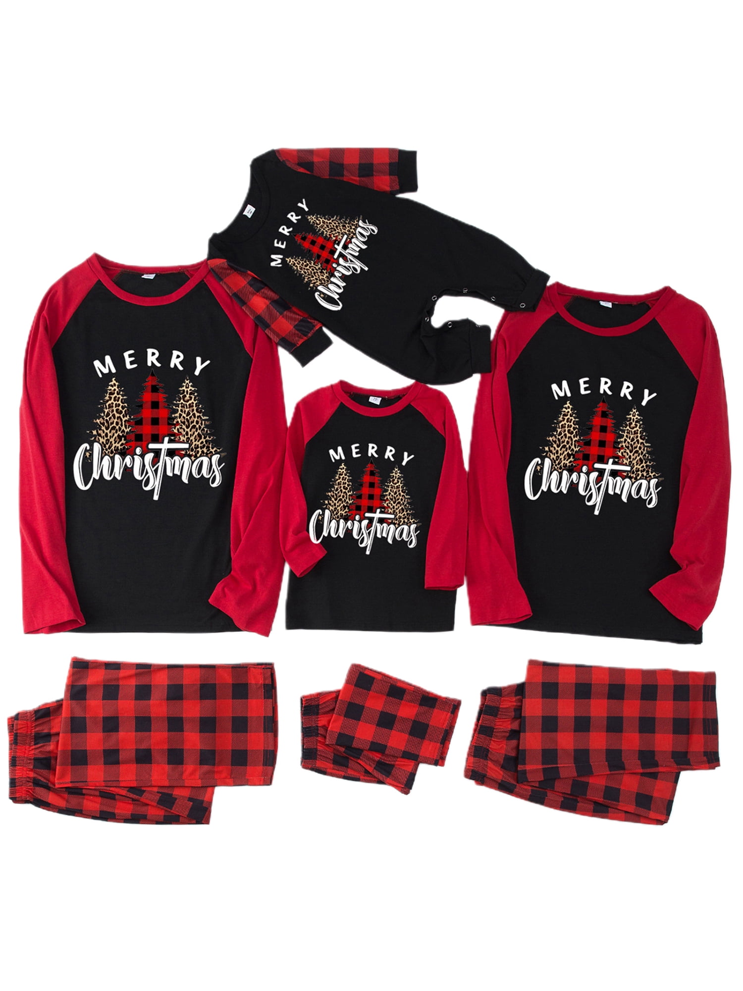 Christmas Family Matching Pajamas Set Long Sleeve Tree Print Tops Plaid ...