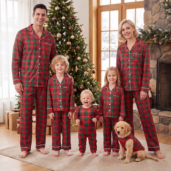Christmas Family Matching Pajamas Set Plaid Long Sleeve Tops and Pants 2PCS Sleepwear Set